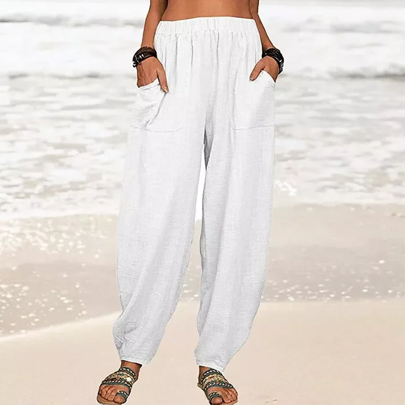 Pantaloni casual da donna in cotone e lino a tinta unita