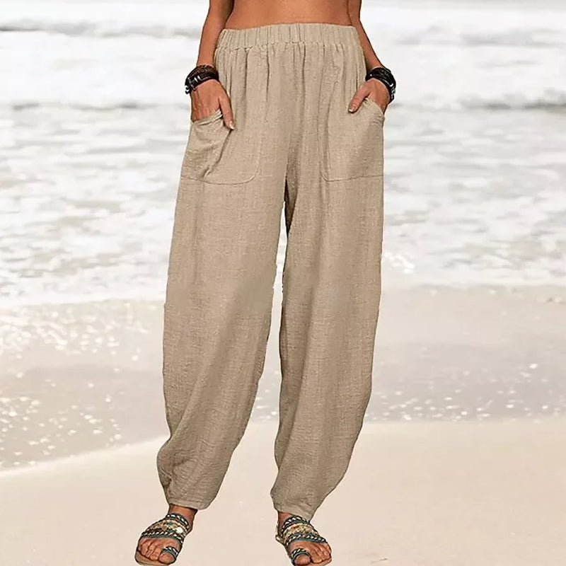 Pantaloni casual da donna in cotone e lino a tinta unita
