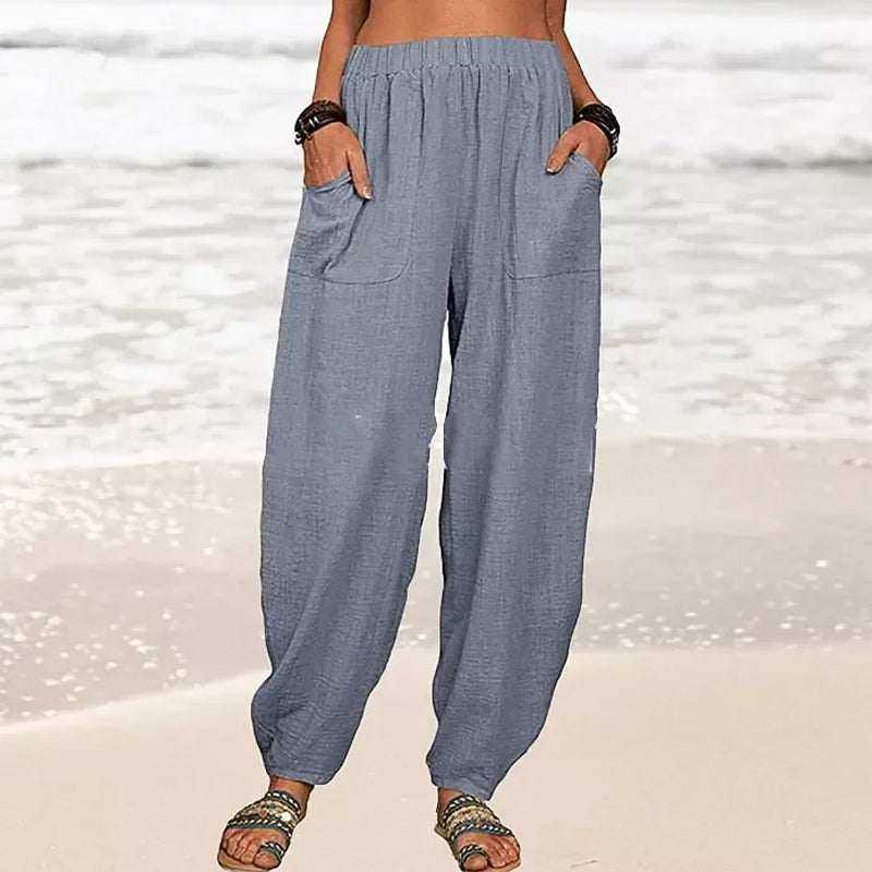 Pantaloni casual da donna in cotone e lino a tinta unita