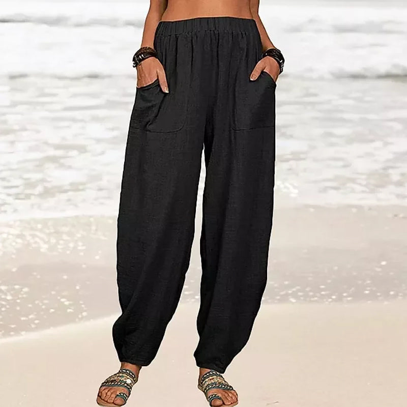 Pantaloni casual da donna in cotone e lino a tinta unita