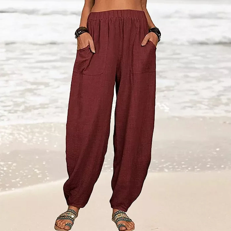 Pantaloni casual da donna in cotone e lino a tinta unita