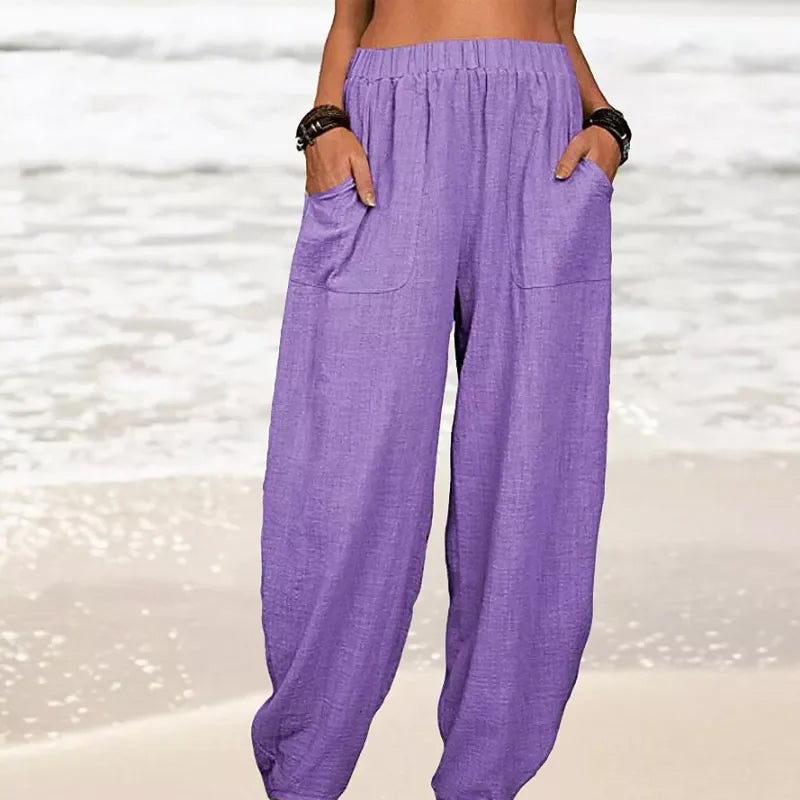 Pantaloni casual da donna in cotone e lino a tinta unita