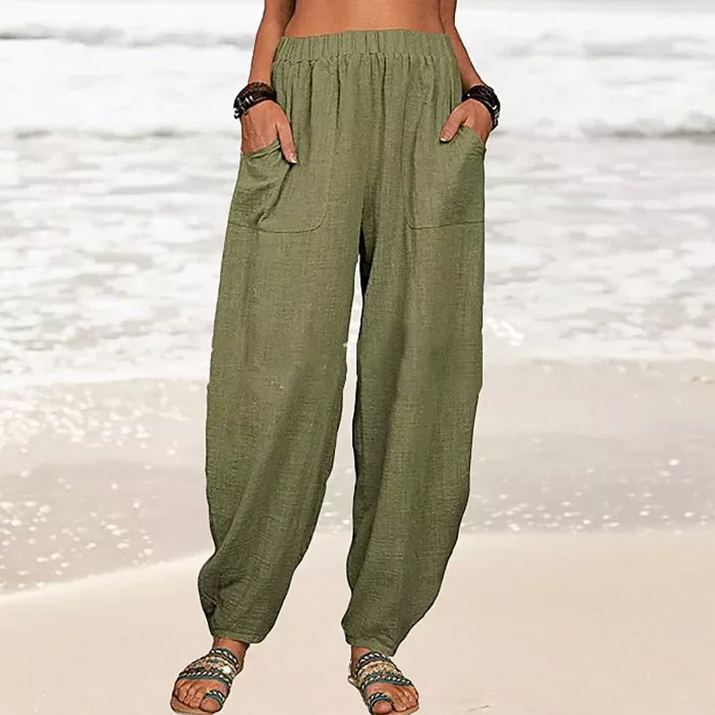 Pantaloni casual da donna in cotone e lino a tinta unita