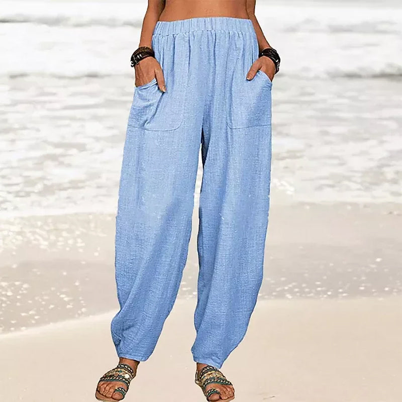 Pantaloni casual da donna in cotone e lino a tinta unita