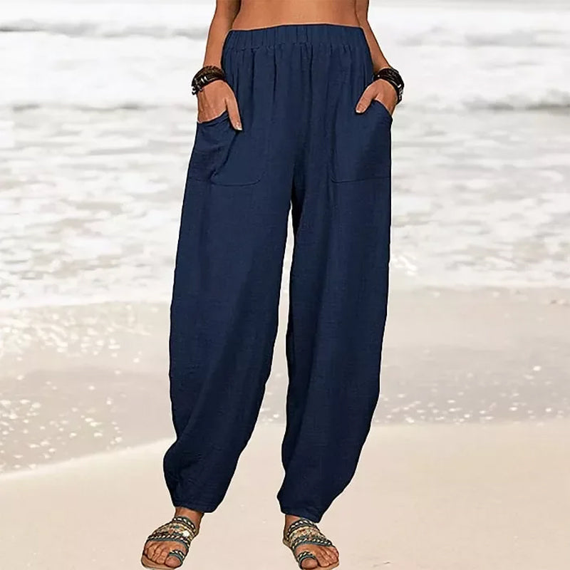 Pantaloni casual da donna in cotone e lino a tinta unita