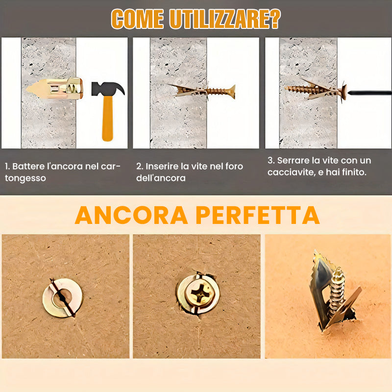 Ancoraggi per Cartongesso + Kit di Viti in Zinco ad Alta Resistenza (Confezione da 100)