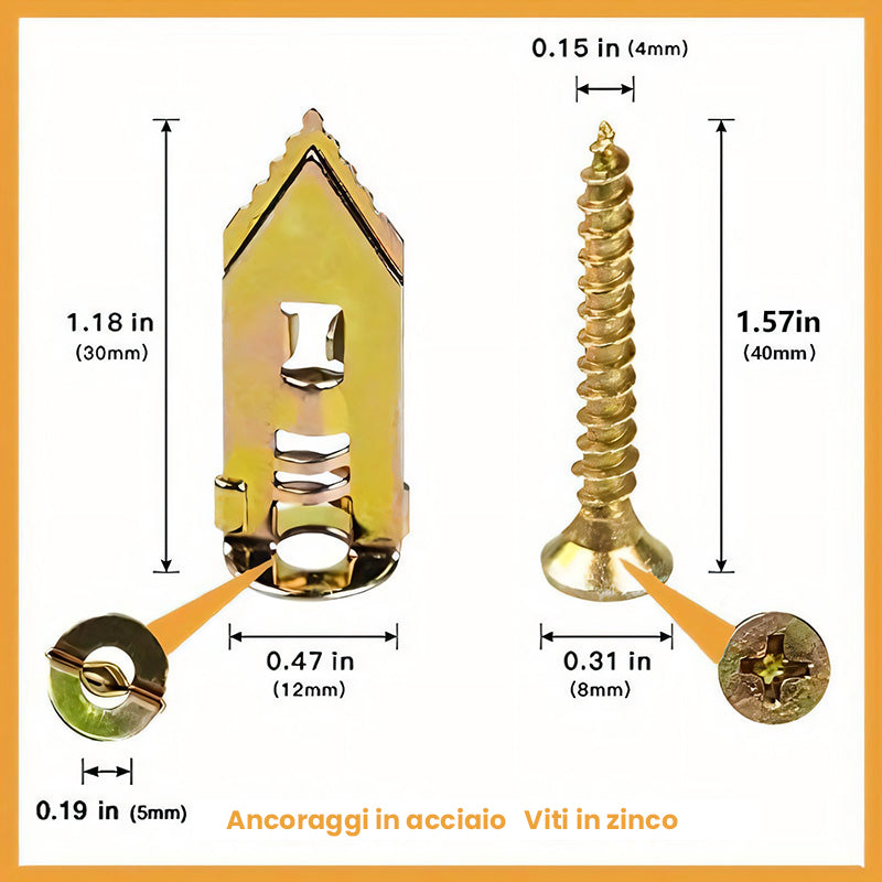 Ancoraggi per Cartongesso + Kit di Viti in Zinco ad Alta Resistenza (Confezione da 100)