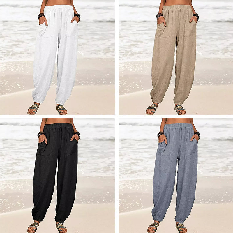 Pantaloni casual da donna in cotone e lino a tinta unita