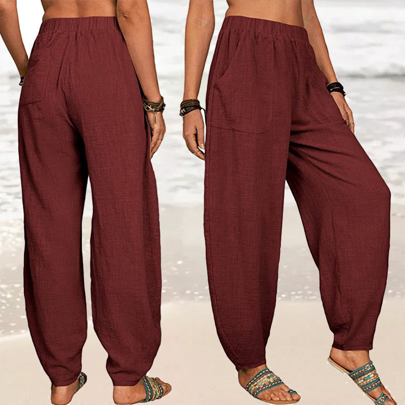 Pantaloni casual da donna in cotone e lino a tinta unita