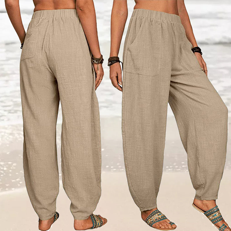 Pantaloni casual da donna in cotone e lino a tinta unita