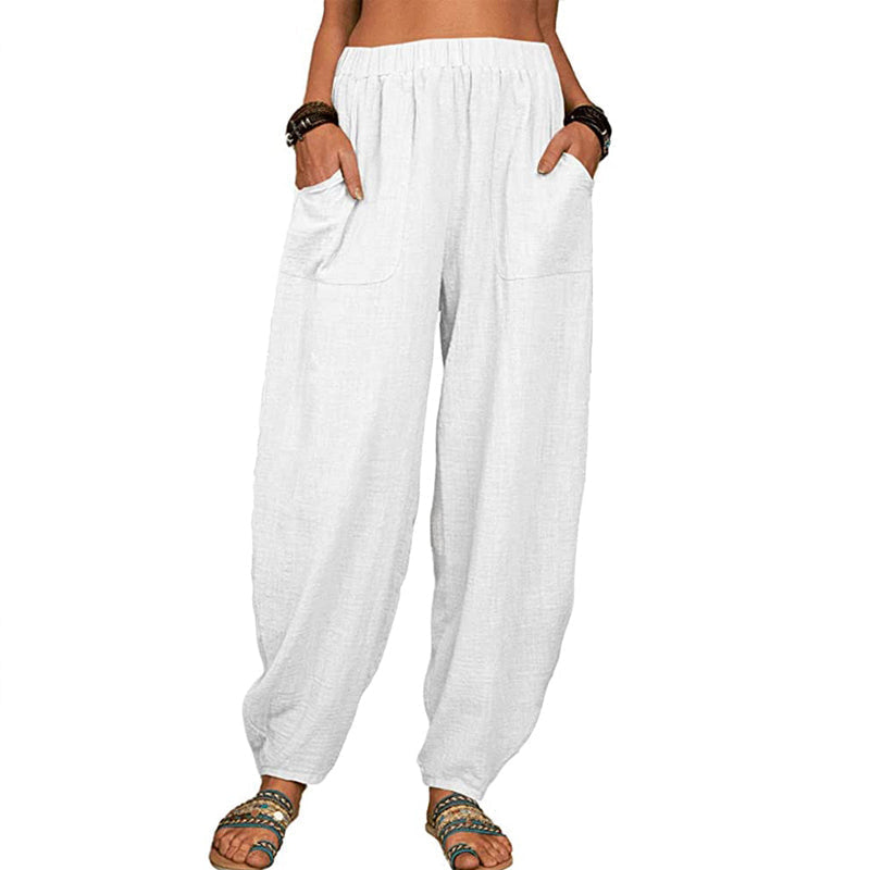 Pantaloni casual da donna in cotone e lino a tinta unita